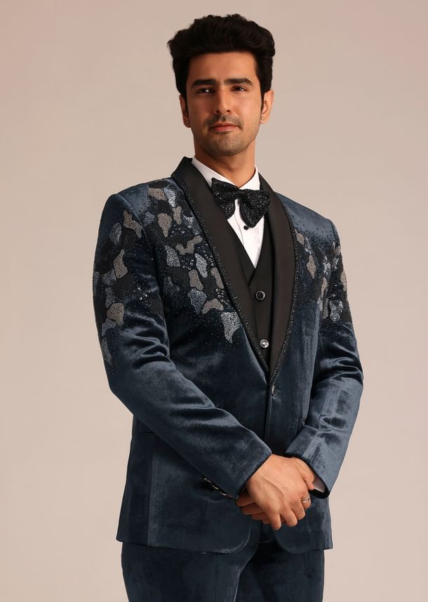 Metallic Grey Velvet Suit With Zardosi Detailing