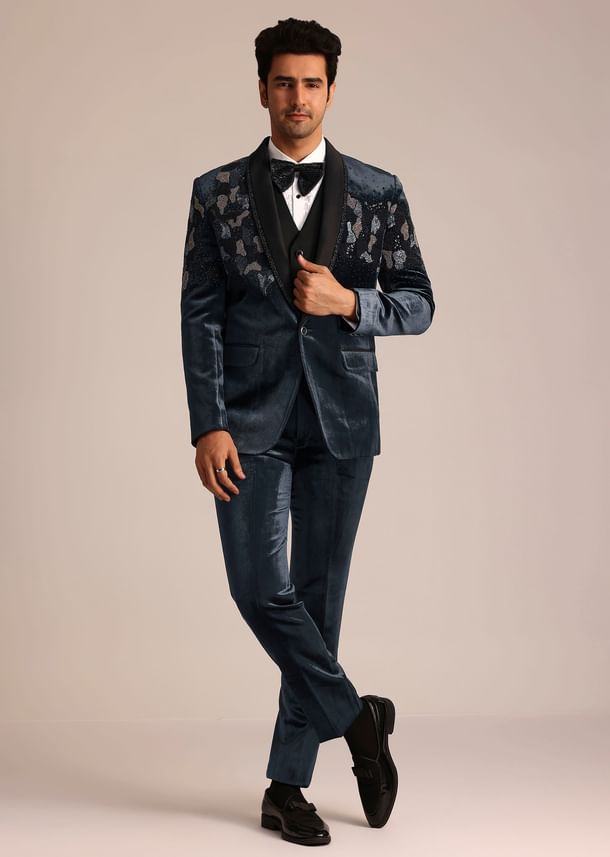 Metallic Grey Velvet Suit With Zardosi Detailing