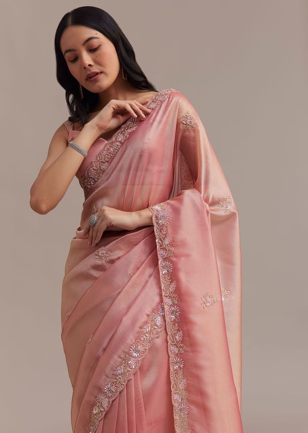 Metallic Pink Organza Tissue Saree With Cutdana And Bead Embroidery