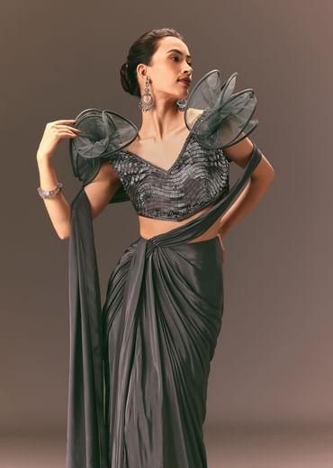 Metallic Pre Draped Saree With 3D Ruffle Blouse