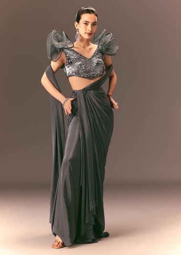 Metallic Pre Draped Saree With 3D Ruffle Blouse