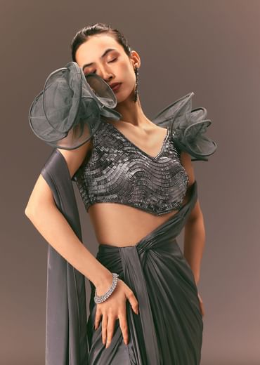 Metallic Pre Draped Saree With 3D Ruffle Blouse