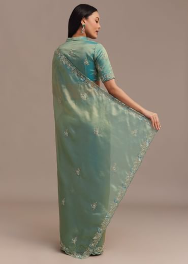 Metallic Sea Green Tissue Organza Saree With Embroidered Border