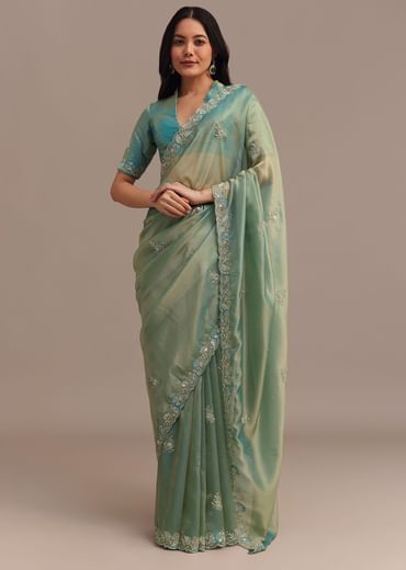 Metallic Sea Green Tissue Organza Saree With Embroidered Border