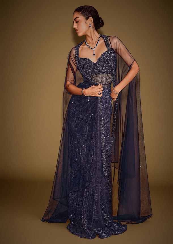 Midnight Blue Corset Gown With Drape And Embroidered Cape