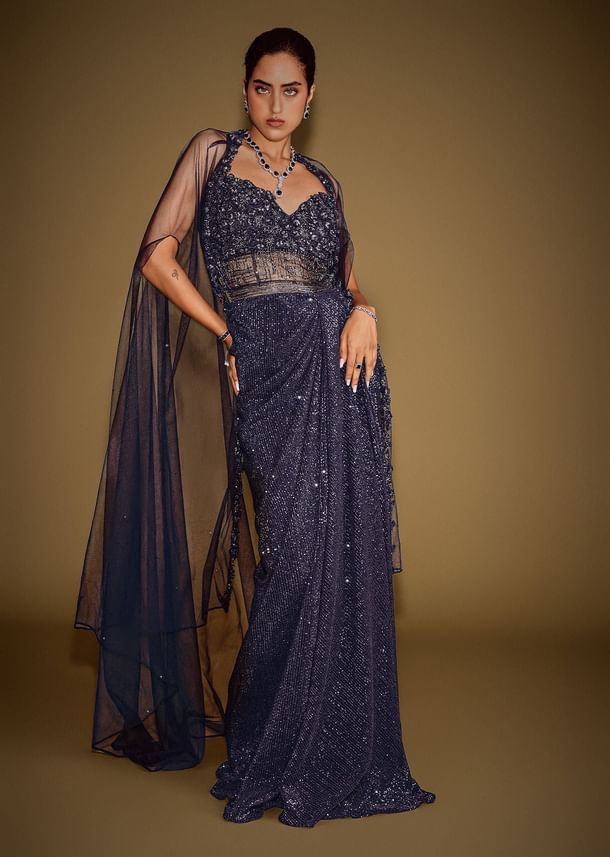 Midnight Blue Corset Gown With Drape And Embroidered Cape