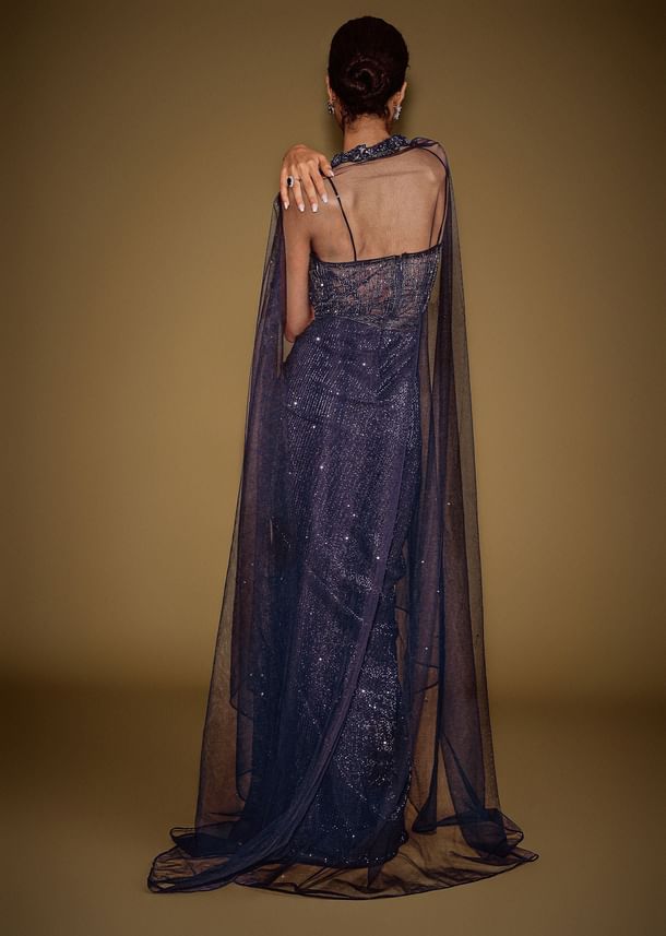Midnight Blue Corset Gown With Drape And Embroidered Cape