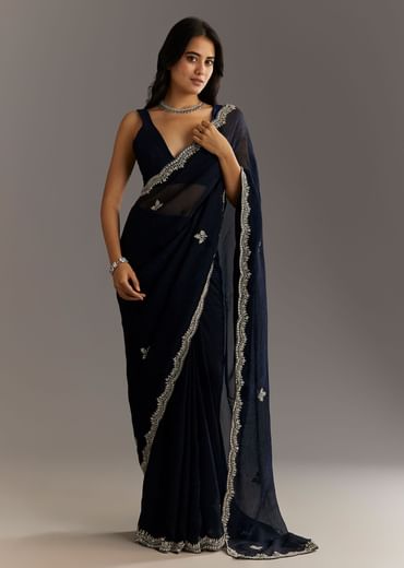 Midnight Blue Crushed Tissue Saree With Scallop Embroidered Border