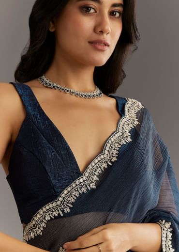 Midnight Blue Crushed Tissue Saree With Scallop Embroidered Border