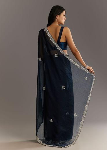Midnight Blue Crushed Tissue Saree With Scallop Embroidered Border