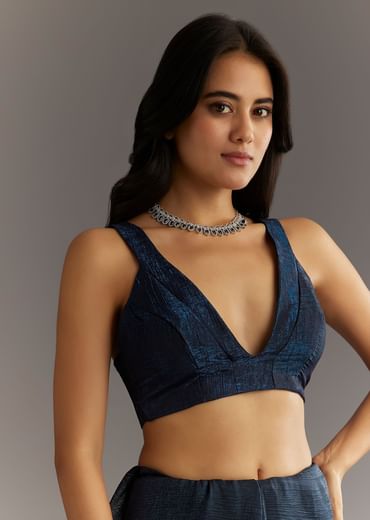 Midnight Blue Crushed Tissue Saree With Scallop Embroidered Border