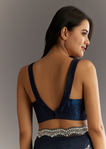 Midnight Blue Crushed Tissue Saree With Scallop Embroidered Border