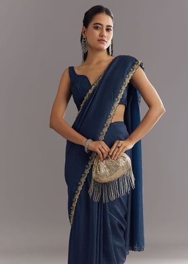 Midnight Blue Crushed Tissue Saree With Stones Cutdana Embroidered Scallop Border