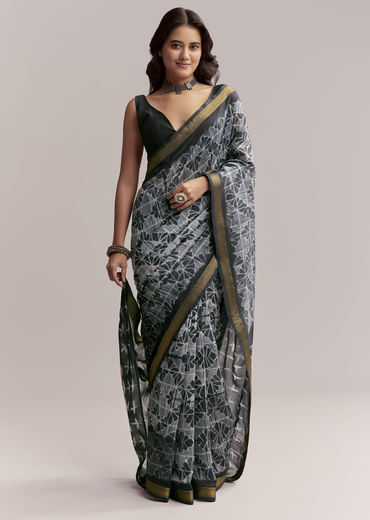 Midnight Blue Linen Printed Saree With Hand Dyed Shibori Print