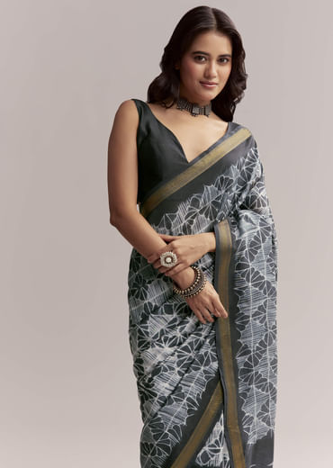 Midnight Blue Linen Printed Saree With Hand Dyed Shibori Print