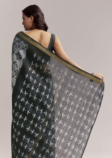 Midnight Blue Linen Printed Saree With Hand Dyed Shibori Print