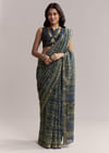 Midnight Blue Linen Printed Saree With Traditional Ajrakh Print
