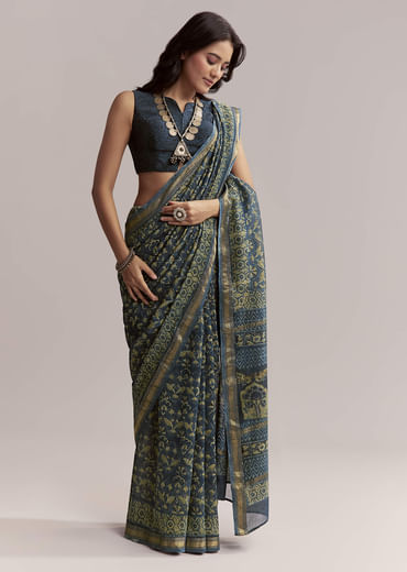 Midnight Blue Linen Printed Saree With Traditional Ajrakh Print
