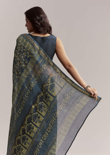 Midnight Blue Linen Printed Saree With Traditional Ajrakh Print