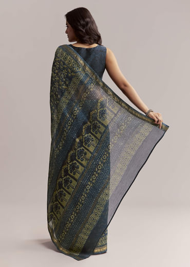 Midnight Blue Linen Printed Saree With Traditional Ajrakh Print
