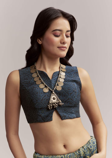 Midnight Blue Linen Printed Saree With Traditional Ajrakh Print