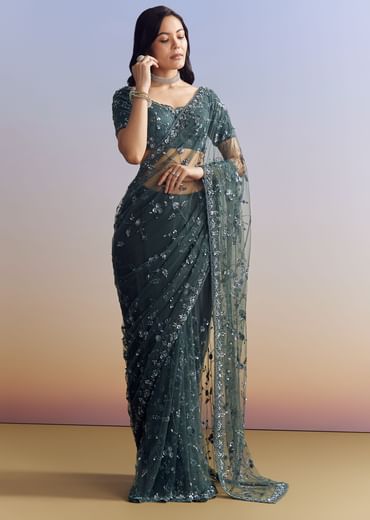 Midnight Blue Net Saree With Floral Jaal And Statement Embroidery