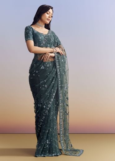 Midnight Blue Net Saree With Floral Jaal And Statement Embroidery