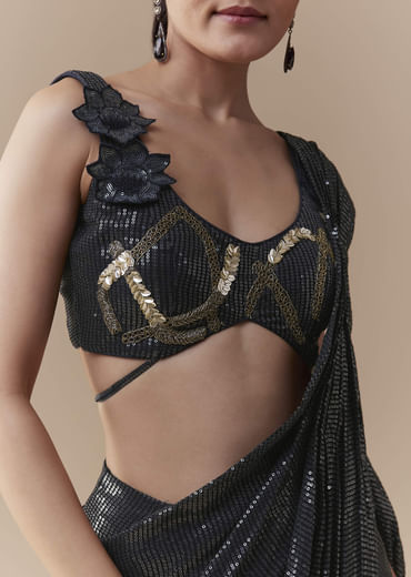 Midnight Blue Pre Pleated Saree with Sequins Blouse