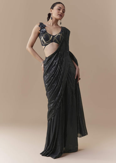 Midnight Blue Pre Pleated Saree with Sequins Blouse