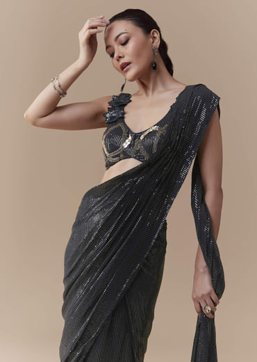 Midnight Blue Pre Pleated Saree with Sequins Blouse