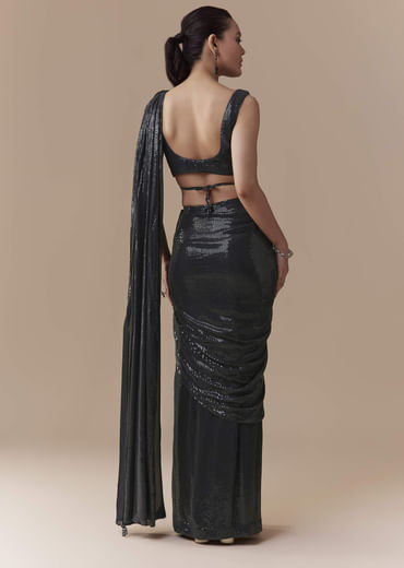 Midnight Blue Pre Pleated Saree with Sequins Blouse