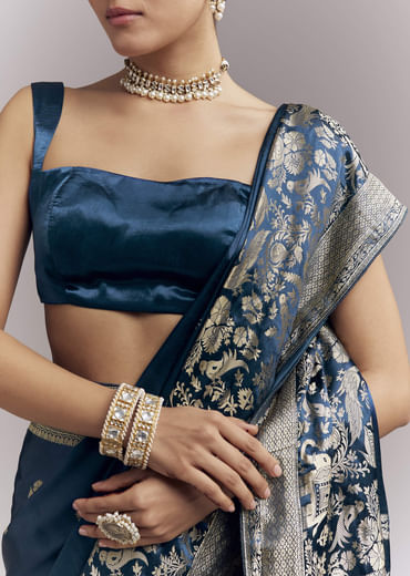Midnight Blue Satin Woven Saree With Delicate Hand Embroidery