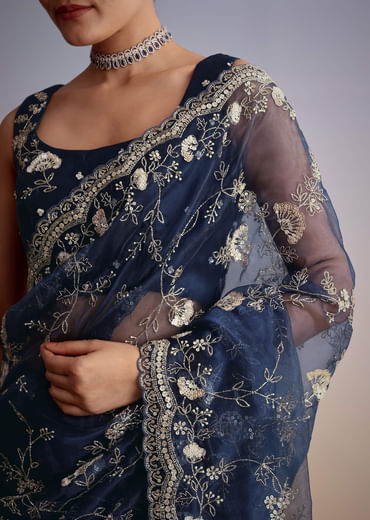 Midnight Blue Tissue Floral Embroidered Saree With Scallop Border
