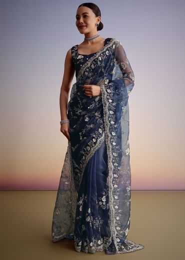 Midnight Blue Tissue Floral Embroidered Saree With Scallop Border