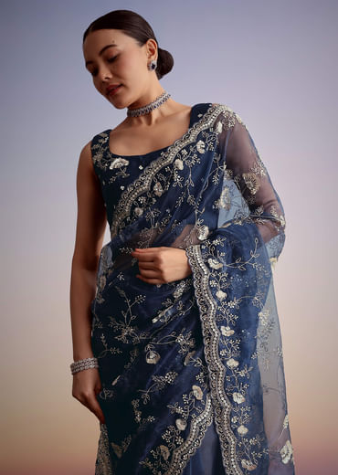 Midnight Blue Tissue Floral Embroidered Saree With Scallop Border