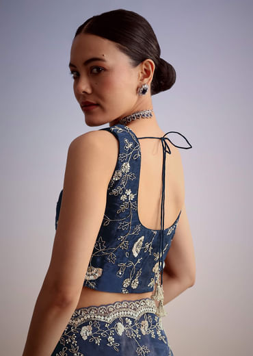Midnight Blue Tissue Floral Embroidered Saree With Scallop Border