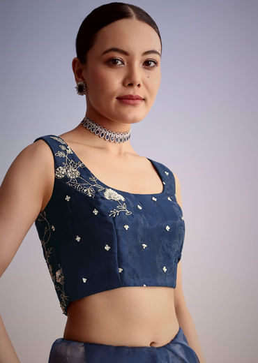 Midnight Blue Tissue Floral Embroidered Saree With Scallop Border