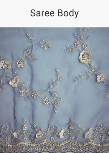 Midnight Blue Tissue Floral Embroidered Saree With Scallop Border