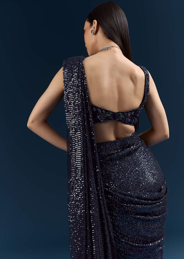 Midnight Blue Imported Sequins And Net Ready Pleated Saree With Embroidery Midnight Blue Imported Sequins And Net Ready Pleated Saree With Embroidery