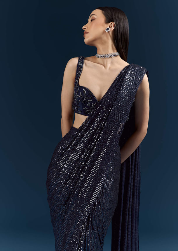 Midnight Blue Imported Sequins And Net Ready Pleated Saree With Embroidery Midnight Blue Imported Sequins And Net Ready Pleated Saree With Embroidery