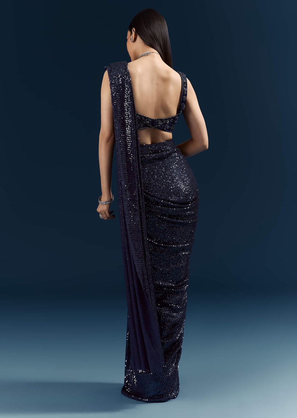 Midnight Blue Imported Sequins And Net Ready Pleated Saree With Embroidery