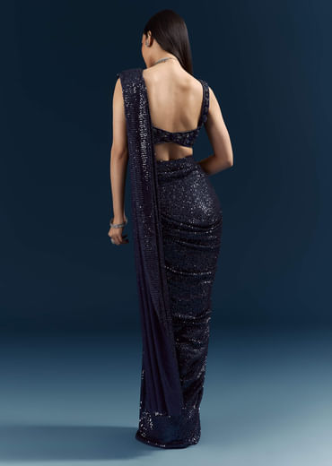 Midnight Blue Imported Sequins And Net Ready Pleated Saree With Embroidery