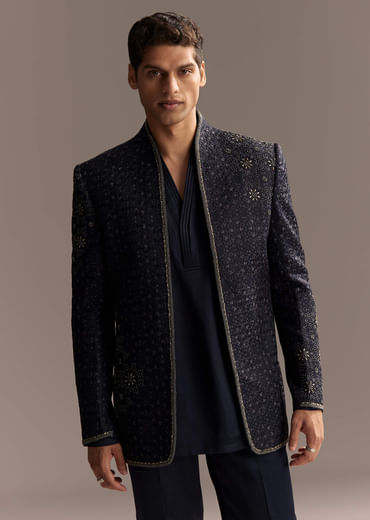 Midnight Blue Jodhpuri Suit For Men With Heavy Hand Embroidery