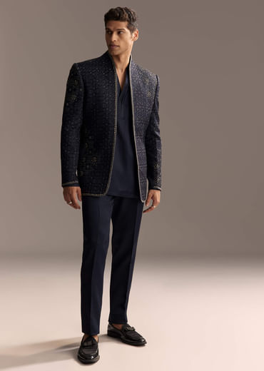 Midnight Blue Jodhpuri Suit For Men With Heavy Hand Embroidery