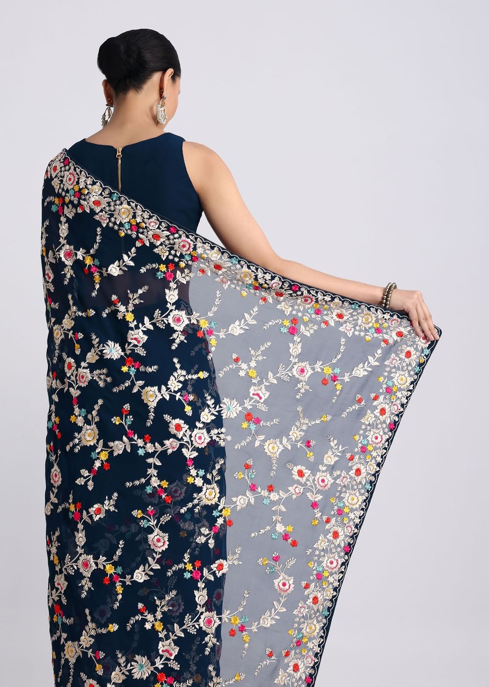Midnight Blue Saree With Parsi Gara Work