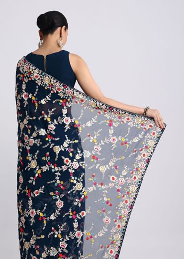 Midnight Blue Saree With Parsi Gara Work