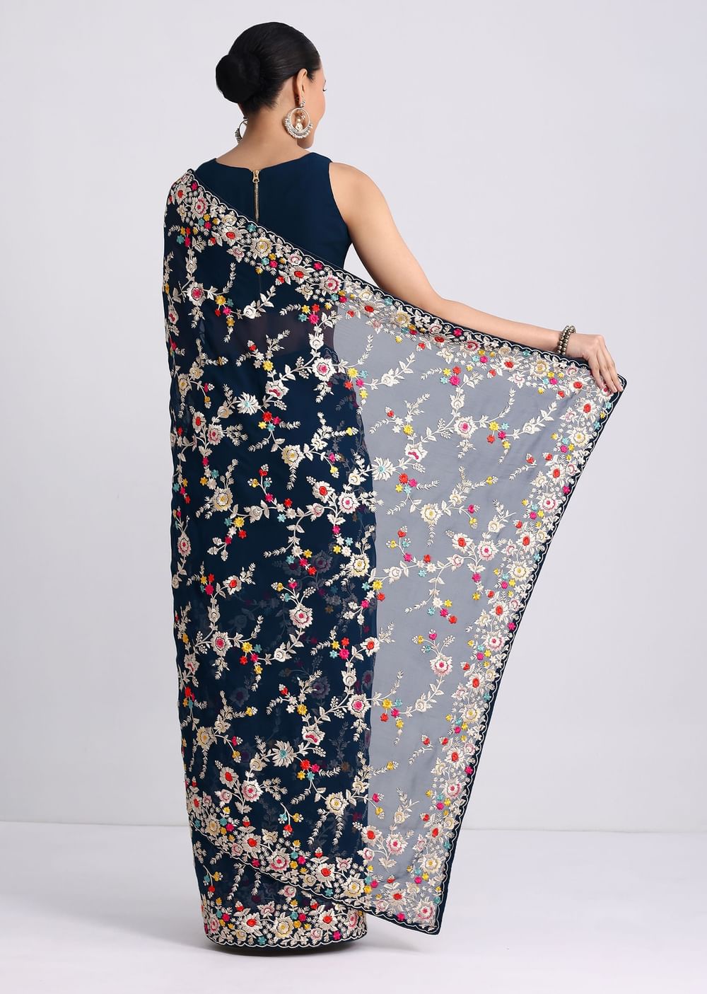 Midnight Blue Saree With Parsi Gara Work