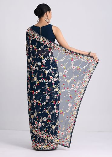 Midnight Blue Saree With Parsi Gara Work