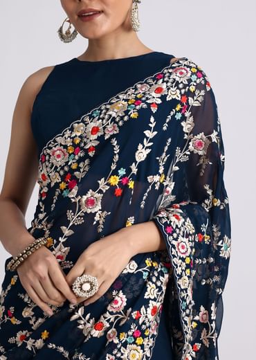 Midnight Blue Saree With Parsi Gara Work