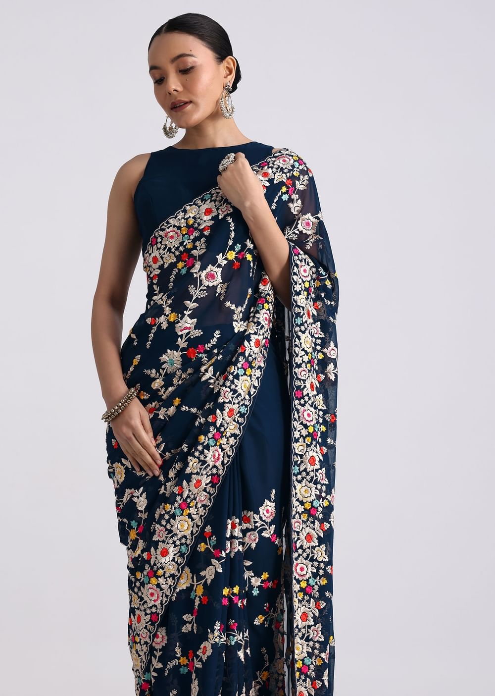 Midnight Blue Saree With Parsi Gara Work